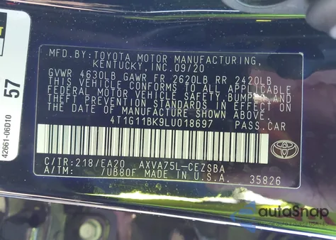 2020 Toyota Camry Se Awd z USA, uszkodzony, nr VIN 4T1G11BK9LU018697